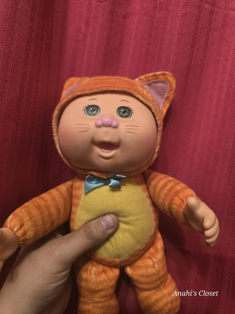 Orange Cat Plush Baby Doll with Yellow Belly and Blue Bow